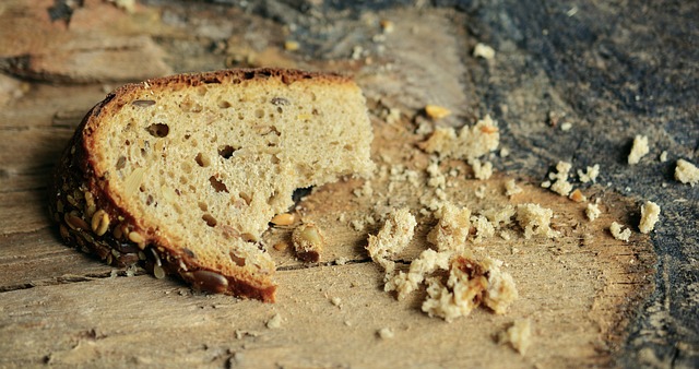 Piece of bread with crumbs around it -- a perfect mouse snack.