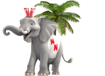 A cartoon elephant wearing a red crown stands happily with a palm tree in the background. The elephant has the letters "NN" in red on its side.