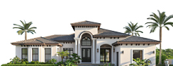 A single-story Mediterranean-style house with a terracotta tile roof, arched entryway, and large windows. Flanked by palm trees, surrounded by landscaped greenery, creating a tropical ambiance.