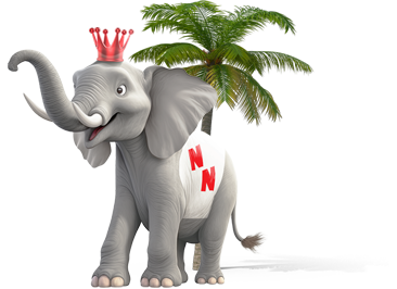 A cartoon elephant wearing a red crown stands in front of a palm tree with the letter "N" on its back.